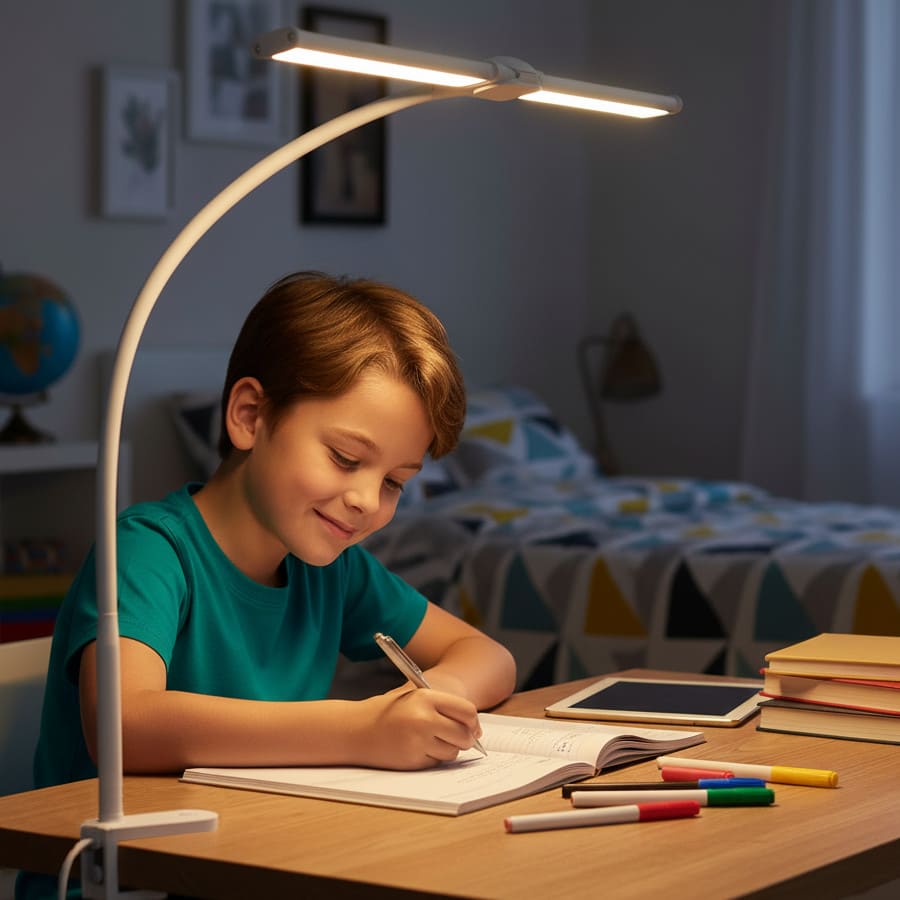 chłopiec przy lampce biurkowej